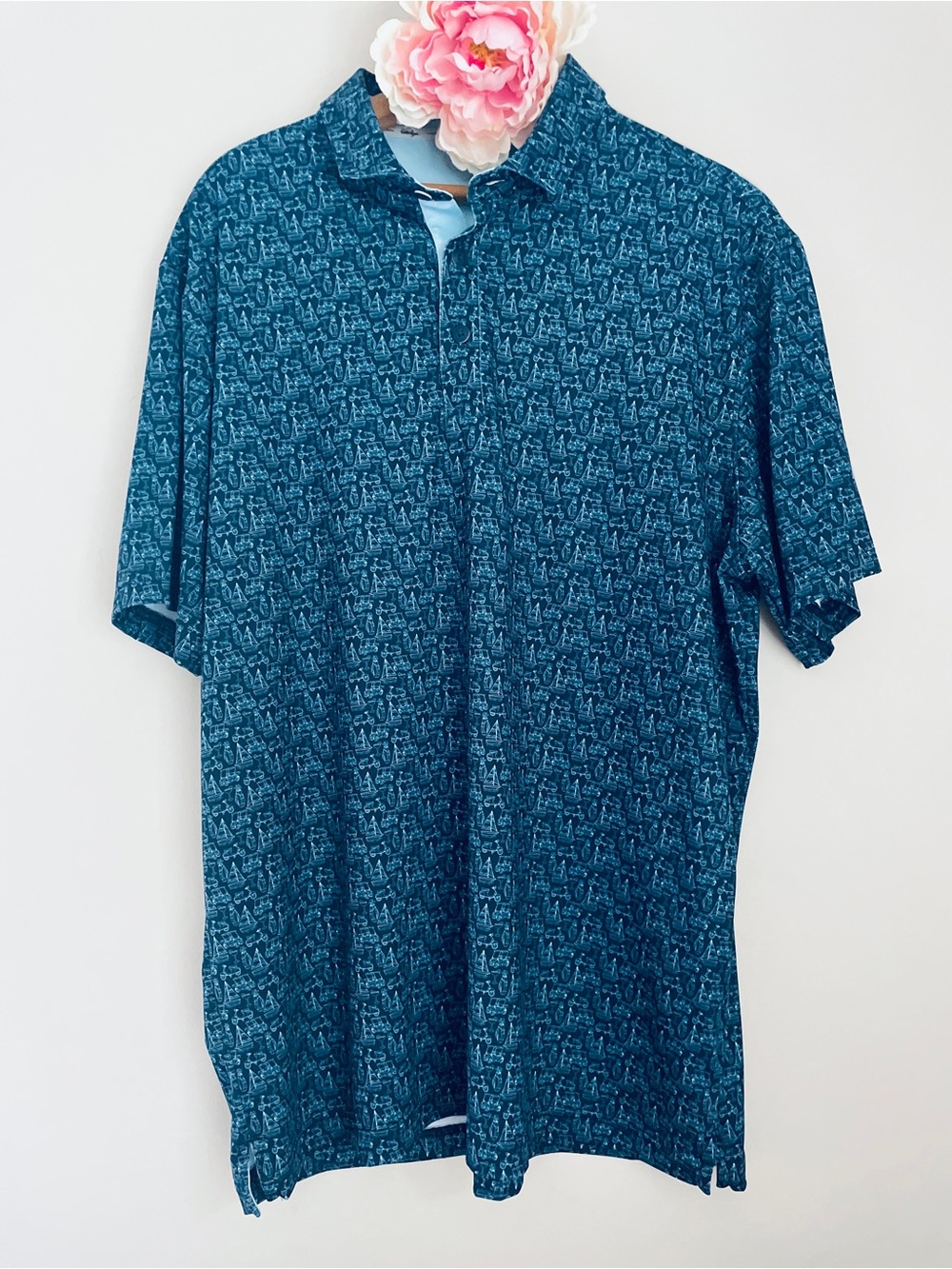 Walter Hagen Men's Blue Sailboat Print Patterned Short-Sleeve Polo Golf Shirt L